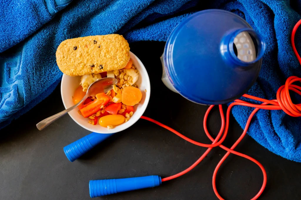 healthy snack in the gym and sport equipment 2026 03 17 07 22 13 utc